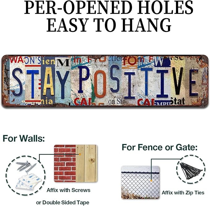 Stay Positive Metal Tin Sign - Rustic Inspirational Wall Art for Home, Office, Gym, Farmhouse Décor - 4x16 Inch