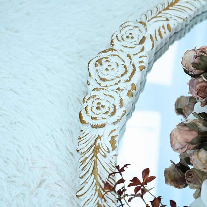 ZIYOO Vintage Arched Floor Or Wall Mirror Distressed White Carved Wood with Floral Carved Top, French Country Style Decorative Mirror for Wall Decor Bedroom, Living Room, Entryway, White, 51" x 30"