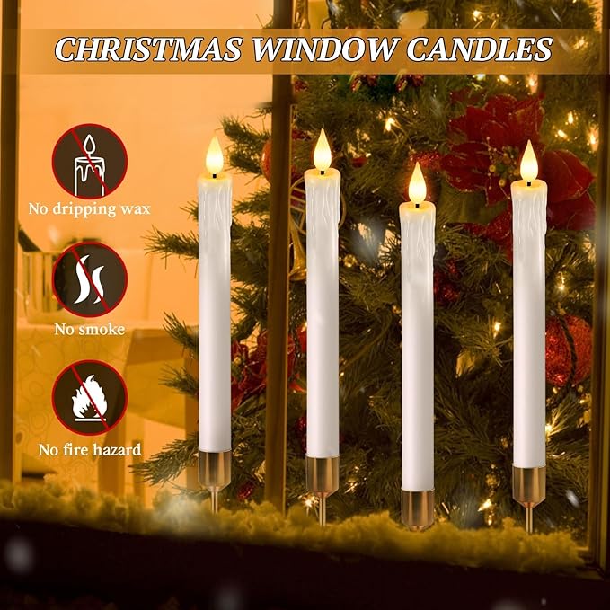 OCATO Flameless Candles with Remote Timer: 8 Pcs Battery Operated Window Candles 9.6" Real Wax LED Flickering Flameless Taper Candles 3D Wick Lights Halloween Christmas Wedding Party Decorations White