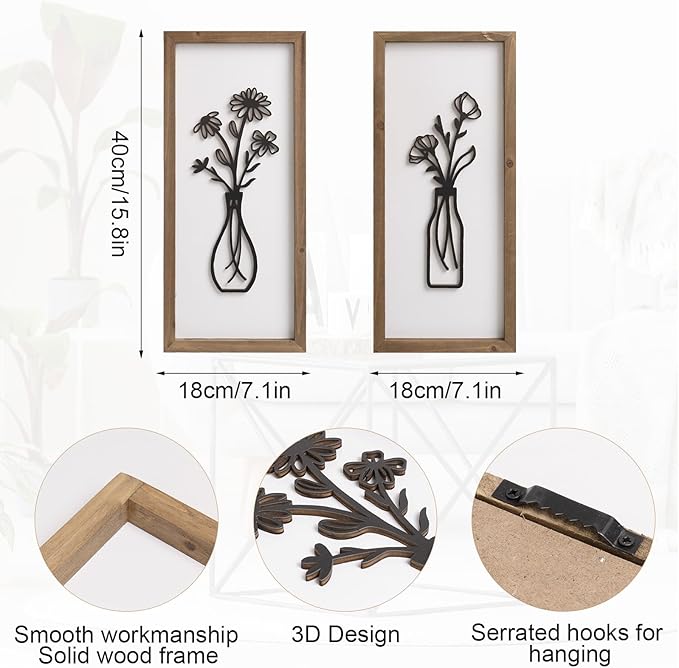 pechpell 3D Wooden Flower Wall Art With Wood Framed, 15.7×7.1 Inch Set of 2 Boho Black White Wall Vase For Floral Decor, Bathroom Bedroom Kitchen Rustic Farmhouse Home Artwork