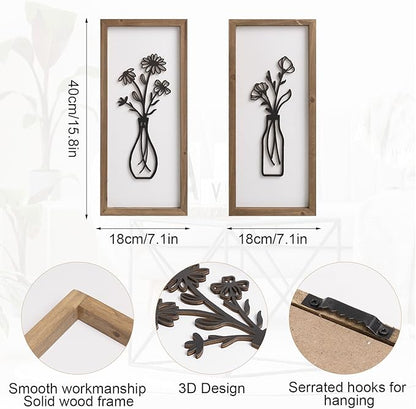 pechpell 3D Wooden Flower Wall Art With Wood Framed, 15.7×7.1 Inch Set of 2 Boho Black White Wall Vase For Floral Decor, Bathroom Bedroom Kitchen Rustic Farmhouse Home Artwork