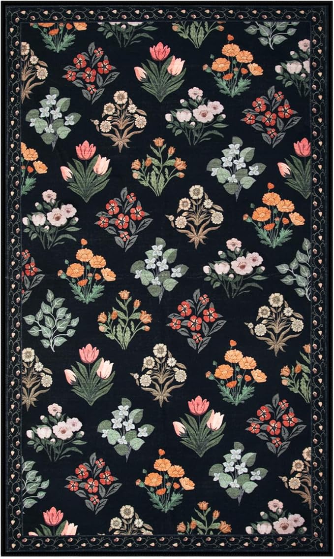 Wonnitar Washable 3x5 Area Rug, Floral Print Rugs for Entryway Indoor, Stain Resistant Moroccan Trellis Small Throw Carpet for Kitchen Laundry Dorm Office, Black/Multi