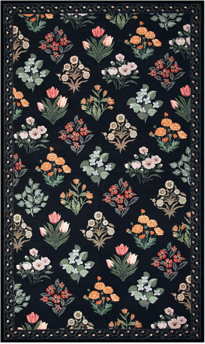 Wonnitar Washable 3x5 Area Rug, Floral Print Rugs for Entryway Indoor, Stain Resistant Moroccan Trellis Small Throw Carpet for Kitchen Laundry Dorm Office, Black/Multi