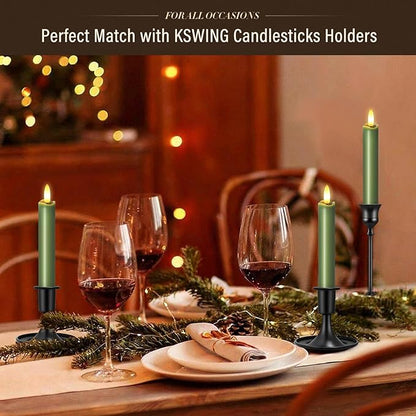 KSWING Upgraded Real Wax Short LED Flameless Green Taper Candles with Remote, 6 PCS Candlesticks Battery Operated - 6" Realistic Fake Candle Sticks for Home/Wedding/Fireplace Xmas Decor