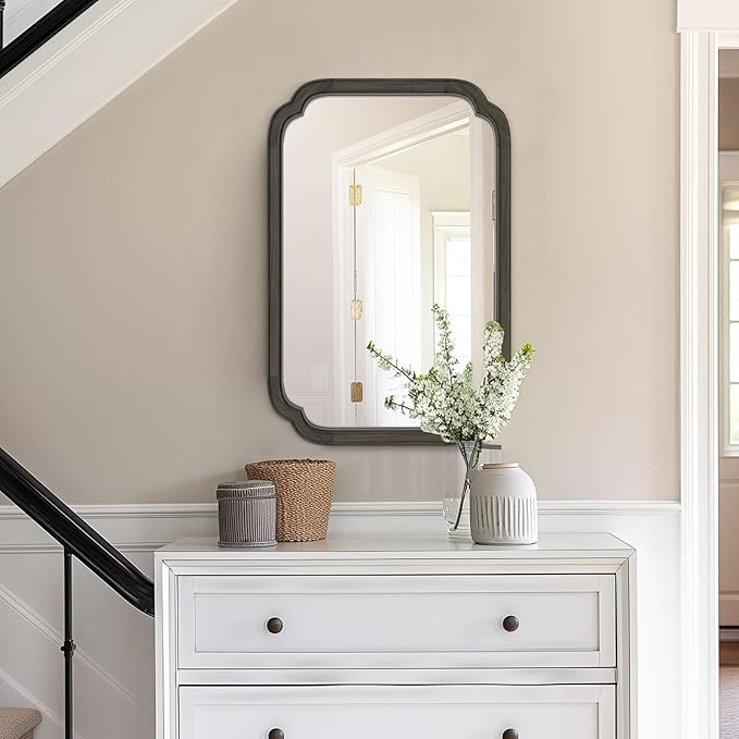 HOMECOOKIN Wood Bathroom Mirror for Wall Decor Arched Rounded Corner Rustic Wood Frame Wall Mirror Home Decorative for Vanity, Living Room, Bedroom, Entryway (20 x 30 inch, Black)