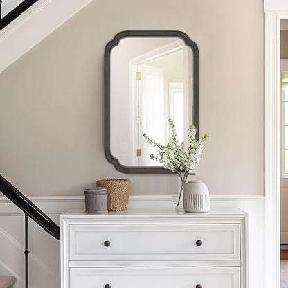 HOMECOOKIN Wood Bathroom Mirror for Wall Decor Arched Rounded Corner Rustic Wood Frame Wall Mirror Home Decorative for Vanity, Living Room, Bedroom, Entryway (20 x 30 inch, Black)