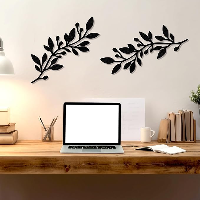 Zzbakress 2 Pcs Colorful Tree Leaf Wall Art Decor Vine Home Wall Decoration Olive Branch Leaf Wall Decor Large Wall Decor for Bedroom, Living Room, Wall Sculptures Indoor Outdoor (Black)