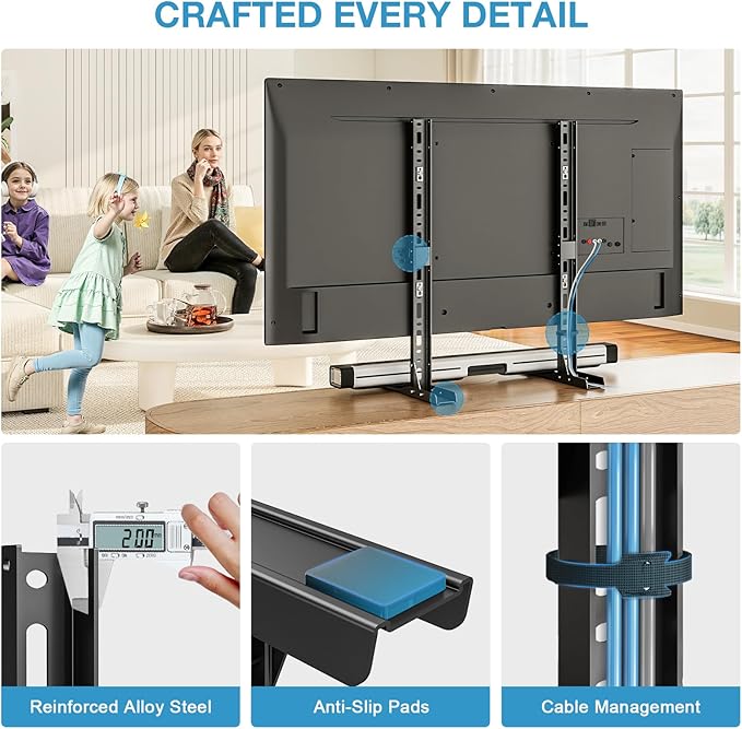 YOMT Universal Table Top TV Stand for 20-75 Inch Flat Curved TVs, Height Adjustable TV Legs with Cable Management, Great Load-Bearing Replacement TV Base Holds up to 110lbs, Max VESA 800x600mm, Black