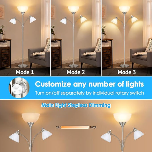 Coucrek Torchiere Floor Lamps for Living Room,72" Dimmable Lamp with 2 Adjustable Reading Lights for Bedroom, Tall Standing Room Lamp, 3 Bulbs Included