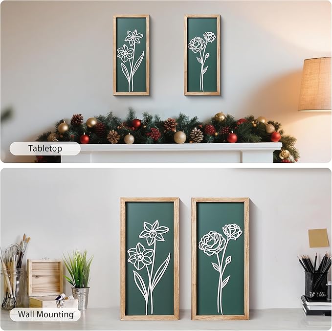 HKBS 3D Wooden Floral Wall Art, Set of 2 Framed Flowers Wall Art Sculptures, Boho Farmhouse Minimalist decor for Bathroom, Bedroom, Living Room, Kitchen or Office Wall Decorations Housewarming Gifts (Green)
