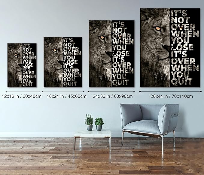 Large Wooden Framed Inspirational Office Artwork Black and White Lion Head Portrait with Motivational Sayings HD Print Giclee Canvas Paintings Pictures for Coffee Shop Framed Easy to Hang-28 x 44 in