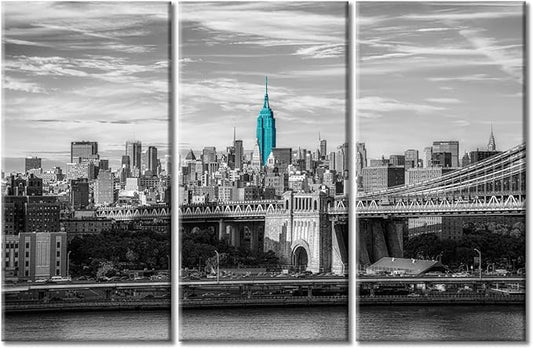 TUMOVO American Brooklyn Bridge Cityscape Wall Decor Posters and Prints 3 Panels New York Skyscrapers Pictures Wall Decor for Bedroom City Skyline Art Prints Framed Ready to Hang (42" Wx28 H)