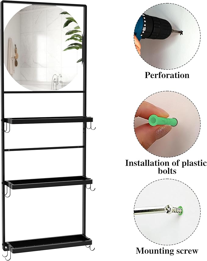 45" X 16" Black Wall Mirror with Shelf and Hooks, Round Mirror for Wall, 3 Trays and 12 Removable Hooks,for Living Room, Hallway, Bedroom (Black-Round)