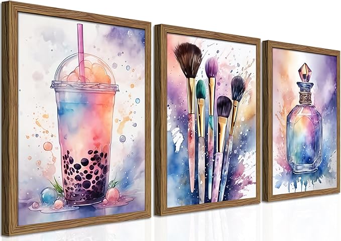 Framed Teen Girls Bedroom Wall Art Set of 3, Pink and Purple Splash Canvas Prints, Makeup Enthusiast Pictures Posters, Drinks Cosmetic Wall Decor for Teenage Girl Room Decor – 12x16 inch