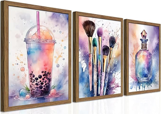Framed Teen Girls Bedroom Wall Art Set of 3, Pink and Purple Splash Canvas Prints, Makeup Enthusiast Pictures Posters, Drinks Cosmetic Wall Decor for Teenage Girl Room Decor – 16x24 inch