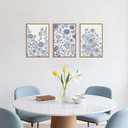 Large Navy Blue Chinoiserie Floral Framed Canvas Wall Art Set,Minimalist Blue and White Flower Wall Decor,Classic Watercolor Botanical Wildflower Art Print for Living Room,Bedroom-16 x24×3
