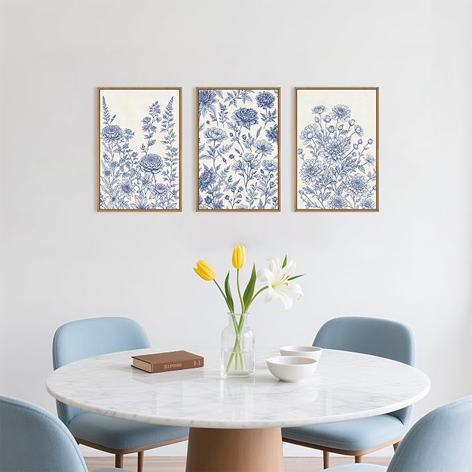 Large Navy Blue Chinoiserie Floral Framed Canvas Wall Art Set,Minimalist Blue and White Flower Wall Decor,Classic Watercolor Botanical Wildflower Art Print for Living Room,Bedroom-24 x36×3