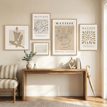 Large Framed Matisse Wall Art Set of 5, Neutral Beige Abstract Geometric Botanical Canvas Prints, Modern Minimalist Wall Decor for Living Room, Bedroom, Dining Room, Hallway, or Office
