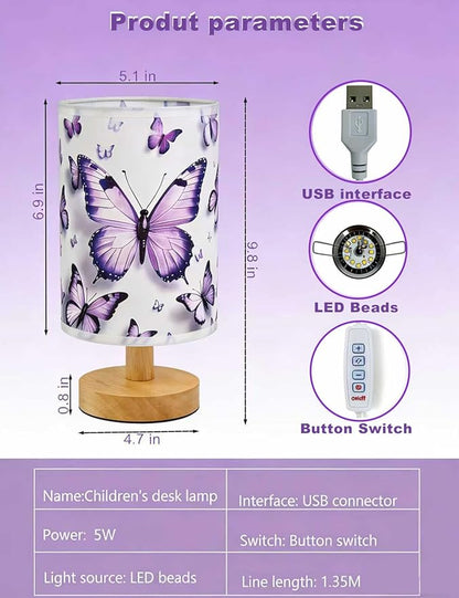 Butterfly Lamp, Kids Lamps for Bedrooms Girls, 3 Color Changing LED Night Light with 9 Brightness Levels Wood Nightstand Desk Base Flaxen Fabric Shade for Bedroom Living Room (Purple Butterfly)