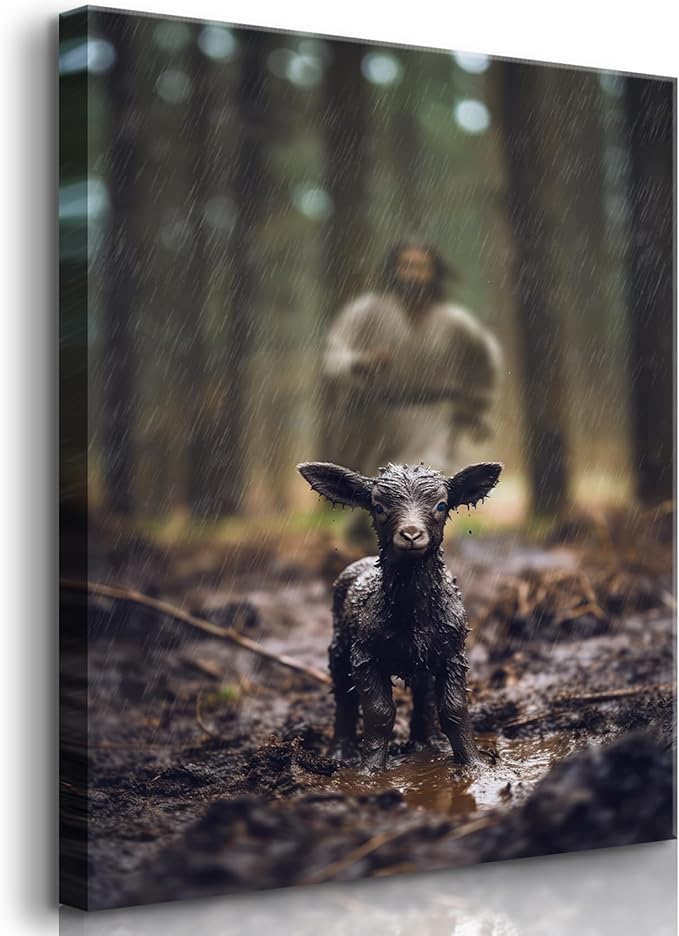 Jesus and Lamb Wall Art Jesus Running After Lost Lamb Picture Wall Art Christian Inspirational sheep of god Wall Decor god Saves the amb a lost sheep for Living Room Bedroom Church（16x24in Canvas）