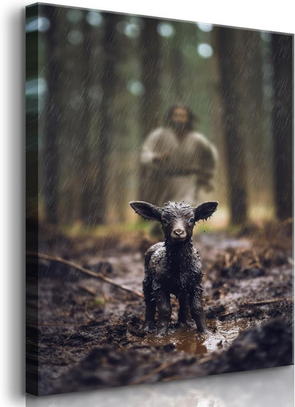 Jesus and Lamb Wall Art Jesus Running After Lost Lamb Picture Wall Art Christian Inspirational sheep of god Wall Decor god Saves the amb a lost sheep for Living Room Bedroom Church（16x24in Canvas）