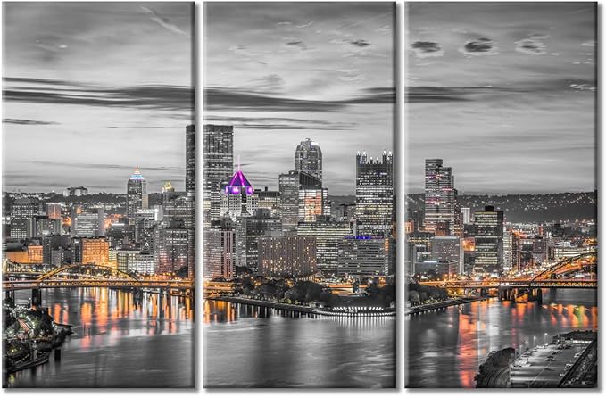 TUMOVO Pittsburgh City Skyline Home Decor Art Prints American Cityscape Pictures Bathroom Decor Wall Art 3 Panel Pittsburgh Skyscrapers Nighttime Lightscape Wall Art Framed Ready to Hang (60" Wx40 H)