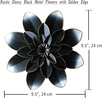 Black Metal Flower Wall Art Decor, 9.5“ Rustic Modern Floral Sculpture, Distressed Hanging Home Decoration Accent Artworks for Indoor Bedroom Living Room Office Outdoor Garden Patio