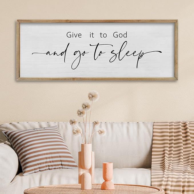 FZMHASLWW Give It To God And Go To Sleep Sign Above Bed Wall Decor 32"×12" Master Bedroom Over Bed Rustic Bible Verse Christian God Holy Catholic Farmhouse Horizontal Wall Art (Wood)