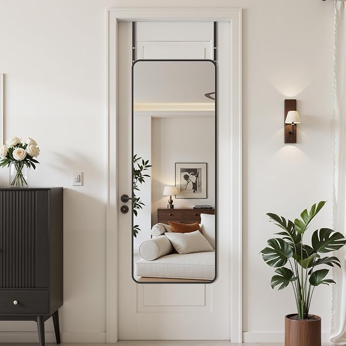 Suidia Full Length Mirror Over the Door&Wall Mounted, 48"x14" Door Mirror with Aluminum Alloy Frame, HD Shatterproof, No-Drill, Hanging Mirrors for Bedroom, Bathroom, Dorm, Closet, Rounded Rect, Black