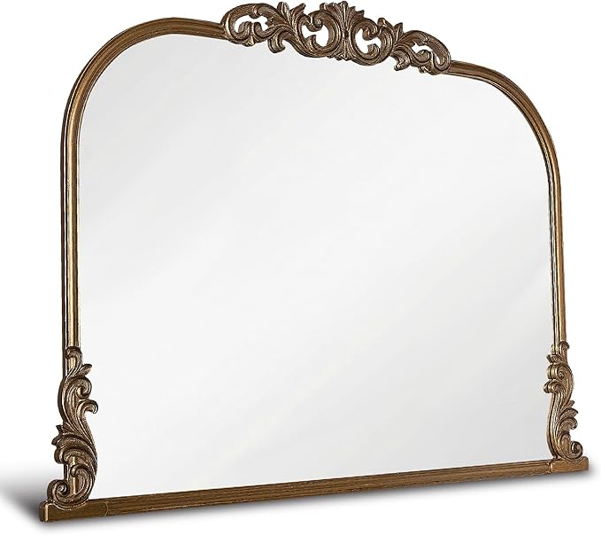 Wylde Iris English Estate Carved Arch Wood Wall Mirror, Mirror for Entryway, Living Room, Bathroom, Antique Gold, 30.6x41