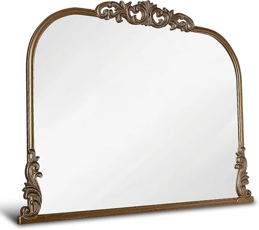 Wylde Iris English Estate Carved Arch Wood Wall Mirror, Mirror for Entryway, Living Room, Bathroom, Antique Gold, 30.6x41