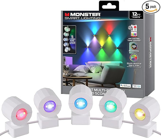 Monster Sconce Lights, RGBW+IC Multi-Colored & Multi-White, 5 Double-Sided LED Sconce Lights, App & Voice Control, Sound Reactive, Razer Chroma, Dimmable, Scheduling, Works with Alexa, Siri, Google