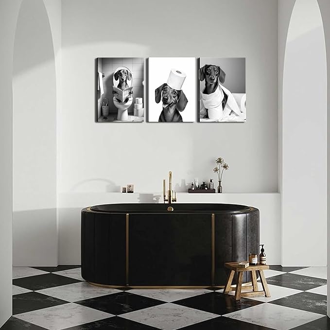 Funny Dachshund Dog Wall Art Set of 3, Dachshund Bathroom Wall Decor Paintings, Black and White Dog Pictures Animal Canvas Posters Prints for Bathroom Restroom Home Decor Framed 16x24 Inch