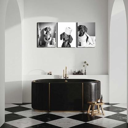 Funny Dachshund Dog Wall Art Set of 3, Dachshund Bathroom Wall Decor Paintings, Black and White Dog Pictures Animal Canvas Posters Prints for Bathroom Restroom Home Decor Framed 16x24 Inch