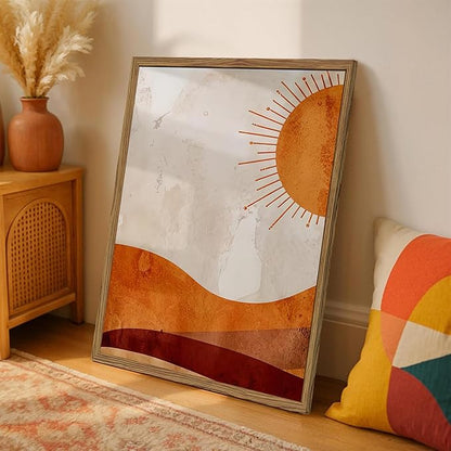 Framed Boho Sun and Moon Canvas Wall Art Set of 2, Vintage Western Desert Landscape Wall Decor Paintings, Mid Century Modern Abstract Pictures Prints Artwork for Living Room Bedroom Office 12x16 inch