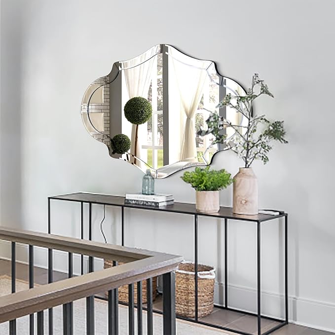 Large Decorative Mirrors, 40"x28" Scalloped Wall Mirror with Elegant Beveled Edges and Mirrored Frame, Irregular Mirror for Dining Room Living Room Bathroom Entryway, Hang Horizontally or Vertically