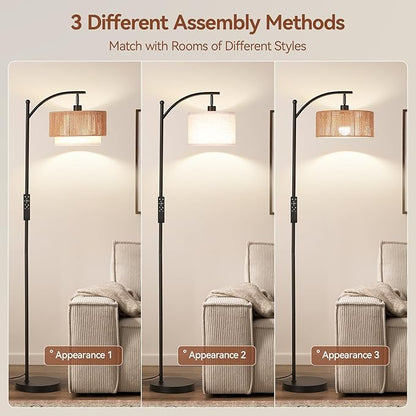 SUNMORY Floor Lamps for Living Room with 12W Remote and Dimmable Bulb, LED Arc Lamp, Farmhouse Floor Lamps with Adjustable Rattan & Fabric Shades, Boho Standing Lamp for Bedroom, Corner, Home Decor