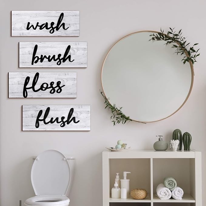 Jetec 4 Pieces Farmhouse Bathroom Wall Decor Wash Signs Rustic Hanging Wooden Signs Primitive Wall Arts Vintage Country Wooden Decorations for Home Room Bathroom(White)