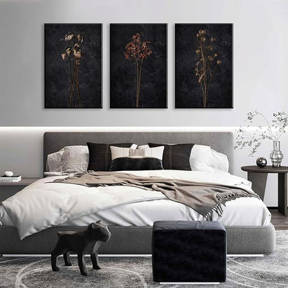 LYPHNX Framed Dark Moody Wildflowers Canvas Wall Art Black Vintage Dried Floral Wilderness Botanical Painting Poster Set of 3 Nature Prints Picture Wall decor for Living Room Bedroom Office 12"x16"