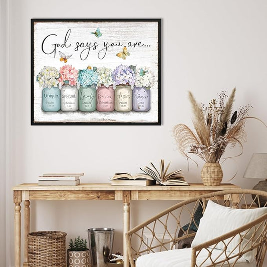 Inspirational Bible Verse Wall Art: God Says You Are Wall Decor Framed Christian Painting 24" x 30",Hydrangea Flower in Mason Jar Prints Hanging Posters Religious Bedroom Decor for Women Girls