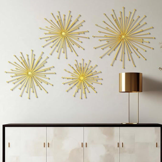 Shimeyao 4 Pcs Metal Starburst Wall Decor Gold Metal Wall Art 3D Spike with Orb Finish Star Burst Hangings Accents Sculptures Set Modern Mid-Century Decorations for Living Room Bedroom Entryway