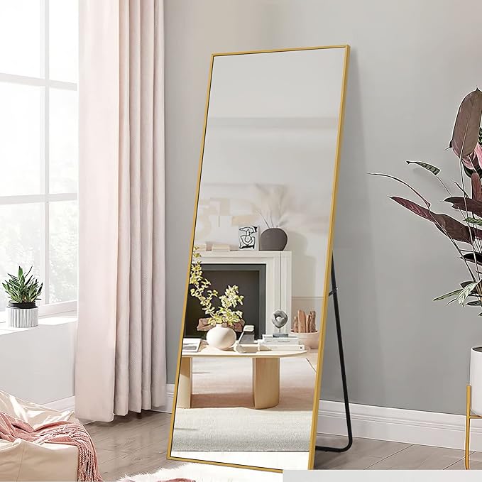 NeuType Full Length Mirror, 64"x21" Body Mirror with Stand Floor Standing Wall-Mounted Hanging or Leaning Against Wall Aluminum Alloy Thin Frame (Gold)