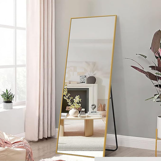 NeuType Full Length Mirror, 64"x21" Body Mirror with Stand Floor Standing Wall-Mounted Hanging or Leaning Against Wall Aluminum Alloy Thin Frame (Gold)