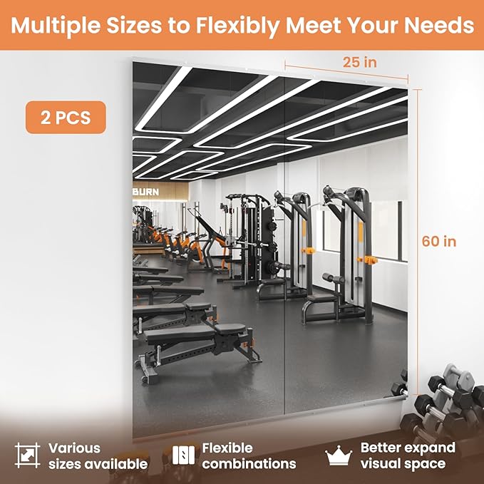 LOAAO Home Gym Mirror, 60"x25"-2 PCS Gym Mirrors for Wall, Frameless, Tempered Glass, Large Workout Mirrors for Home Gym, Dance Studio, Yoga Room, Garage Gym