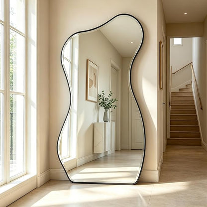 POZINO Large Irregular Beveled Mirror, 66.8"x33.5" Asymmetrical Full Length Mirror with Metal Frame, Premium Organic Aesthetic Floor Mirrors for Living Room Entryway Cloakroom, Leaning/Wall-Mount
