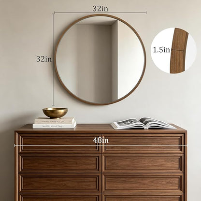 HOMECOOKIN Round Wood Mirror 32 inch Circle Mirror, Rustic Farmhouse Wooden Framed Decorative Wall Decor, Vanity Wall Mirror for Bathroom, Bedroom, Entryway, Living Room (Walnut)