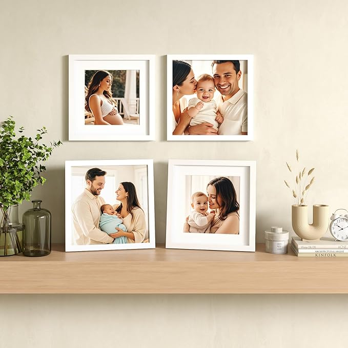 Egofine 11x11 Picture Frames 4 PCS, Made of Solid Wood Covered by Plexiglass for Pictures 4x4/8x8 with Mat for Table Top Display and Wall Mounting Square Photo Frame White