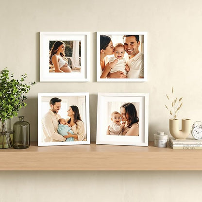 Egofine 11x11 Picture Frames 4 PCS, Made of Solid Wood Covered by Plexiglass for Pictures 4x4/8x8 with Mat for Table Top Display and Wall Mounting Square Photo Frame White