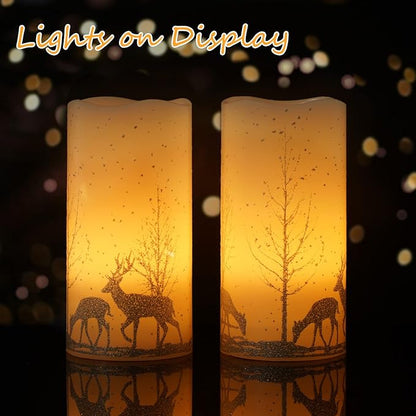 2Pack Christmas LED Flameless Candles Flickering, Battery Operated Wax Candles with Timer Remote, Realistic Pillar Candles with Forest Deer Decal for Home Decorations Christmas Gifts [Silver, 3"X6"]