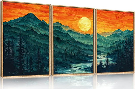 Woodland Mountain Framed Canvas Wall Art Set, Abstract Ridge Wall Painting, Boho Sunset Scenery Wall Decor, Modern Natural Landscape Art Print for Living Room, Bedroom, Office - 24"x36"x3